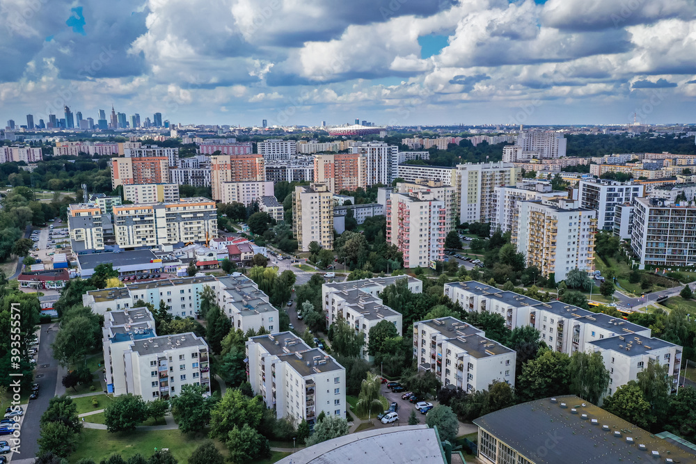 Drone aerial view in Goclaw housing estate, part of South Praga district of Warsaw, capital of Poland
