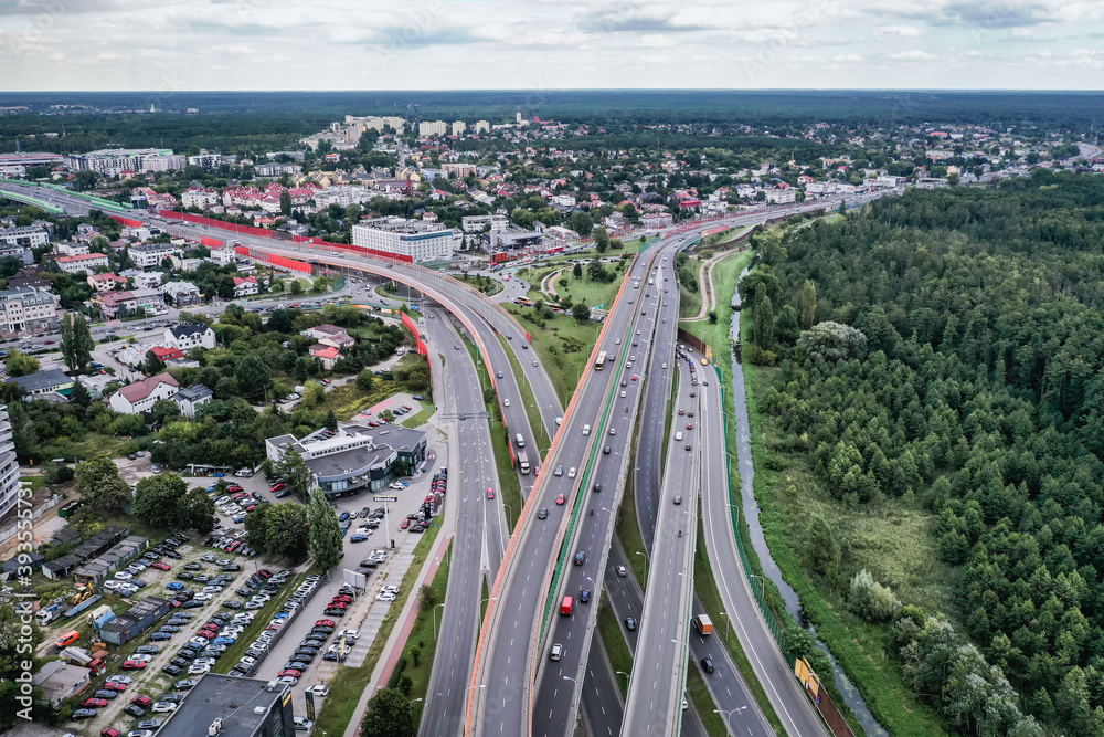 Drone aerial view of Trasa Siekierkowska route and Ostrobramska Street in Warsaw, capital of Poland