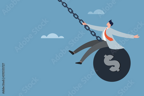 Conceptual illustration of a businessman swings on a wrecking ball with Dollar symbol engraved on it