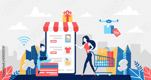 Buy in online store, sale concept vector illustration. Cartoon tiny customer woman character holding shopping cart with bags purchases, buying clothes and food, using smartphone mobile app background