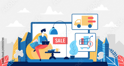 Buy in online store, stay at home concept vector illustration. Cartoon tiny customer buyer man character sitting with laptop in home armchair and shopping, buying goods in retail shop app background