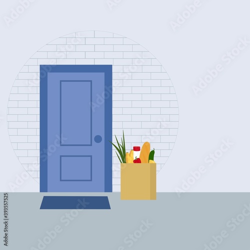 Groceries in paper bag left at front door. Safe contactless delivery to home. Delivery food service concept. Vector illustration.