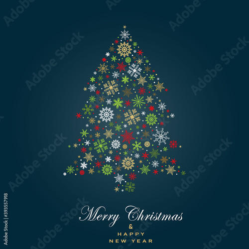 Christmas tree made of red, green, white and gold snowflakes on dark green background. Vector illustration. Holliday pattern