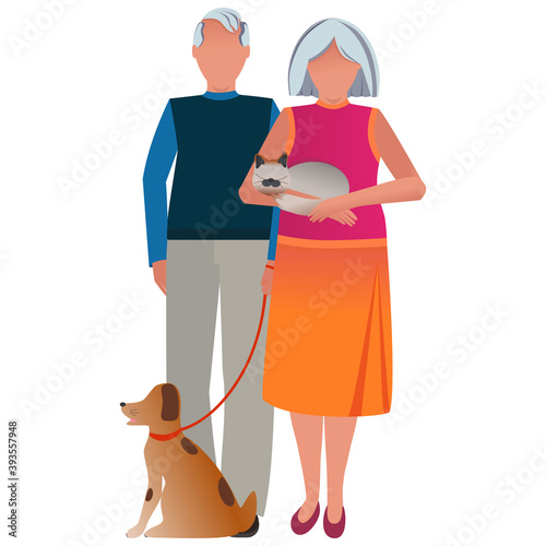 An elderly couple is walking with their pets. Full-length portrait of grandparents. Cartoon style. Graphic vector drawing. Concept of spending time together.