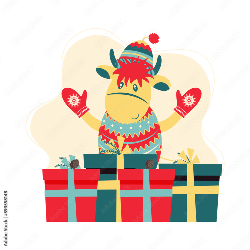 Year of the bull 2021. Year of ox. Funny Cow. Funny Bull in a hat New year and merry christmas illustration. Bull zodiac symbol of the year 2021. Year of the bull 2021. Year of ox. Funny Cow. Funny Bull in a hat New year and merry christmas illustration. Bull zodiac symbol of the year 2021.