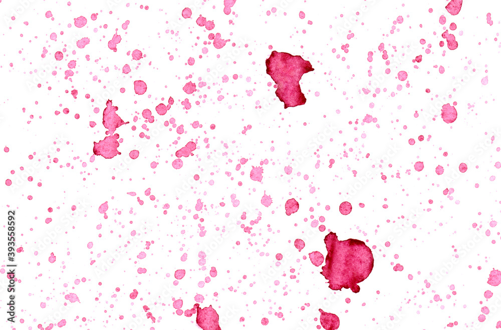 Abstract pink background with color splashes on white board. Water drops on background. Abstract art wallpaper. Hand drawn watercolor illustration. Romantic purple blots. Rain imitation