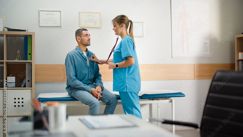 Obraz premium Doctor's Consultation Office: Head Nurse Uses Stethoscope to Listen to Heartbeat and Lungs of the Male Patient. Medical Health Care Professionals Diagnosing, Prescribing Medicine and Treatment Plan