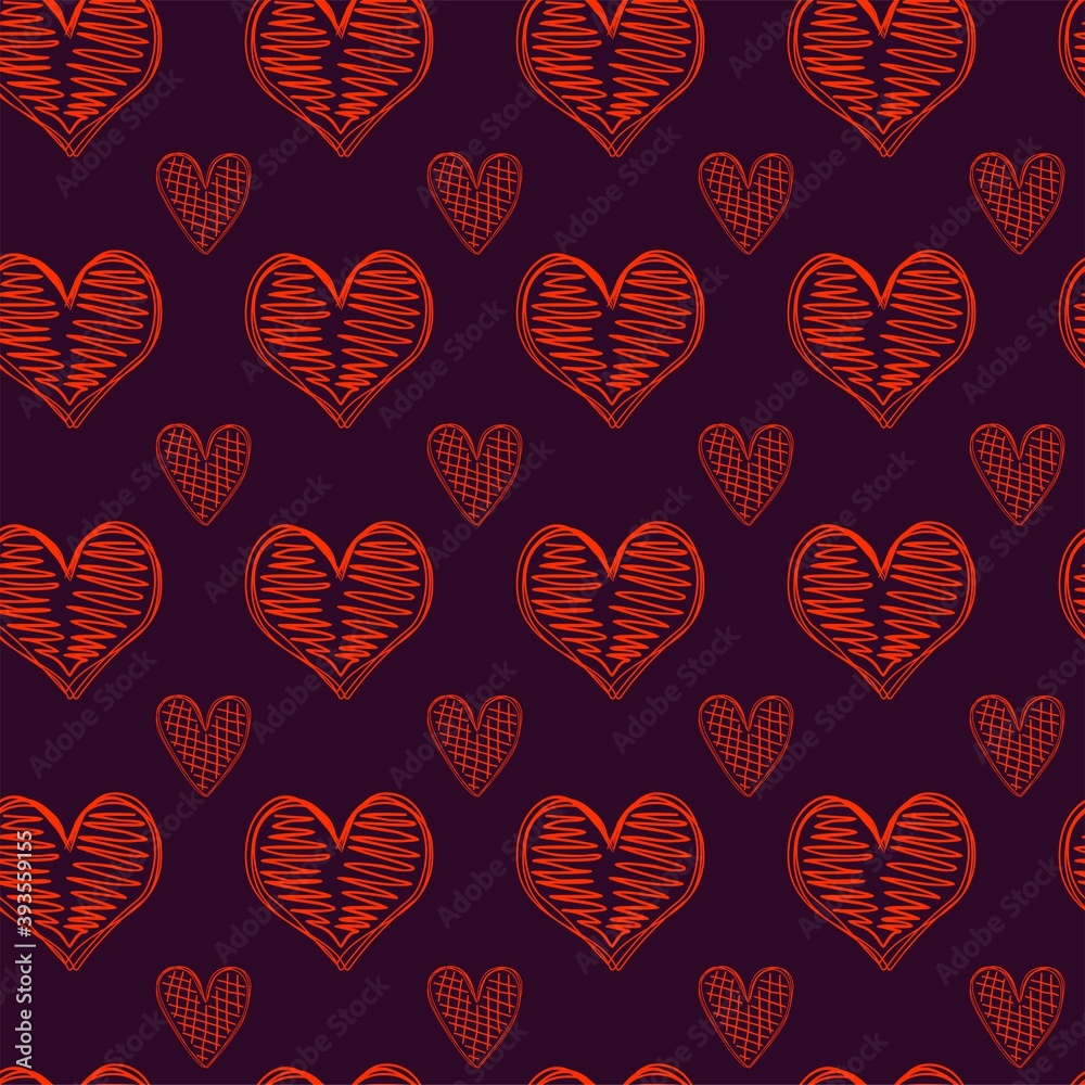 Seamless pattern of red hearts on a dark purple backdrop. Background for Valentine. Romantic Vector illustration. Seamless pattern of red hearts on a dark purple backdrop. Background for Valentine. Romantic Vector illustration.