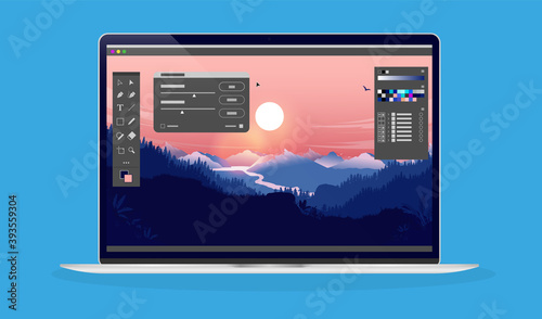 Photo editing on laptop computer - Photo editor software with user interface and beautiful landscape image. 