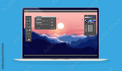 Photo editing on laptop computer - Photo editor software with user interface and beautiful landscape image.  photo