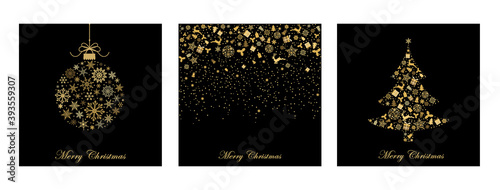 Pack of greeting cards with gold Christmas  deer, gifts, snowflakes, christmas tree on black background. Vector illustration. Gold holiday pattern