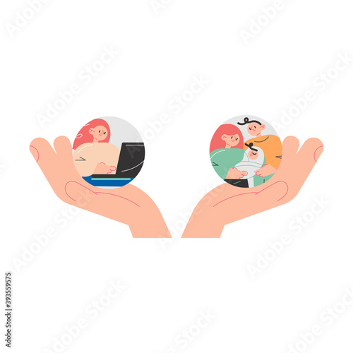 Hands of woman woman choosing between giving birth to baby and career