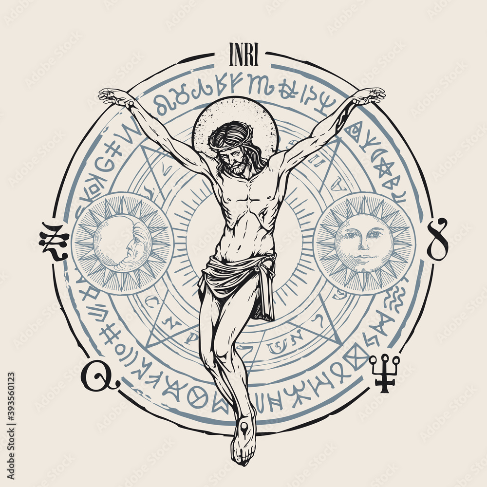 Hand-drawn crucifix of Jesus Christ with the Sun, Moon, alchemical and ...