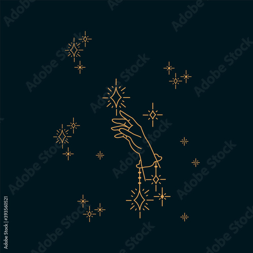 Illustration of the mystic hand. Hand drawn with twinkling stars. Vector with elements of mysticism and esotericism. The hand reaches for the glittering stars in the black photo. For your beautiful