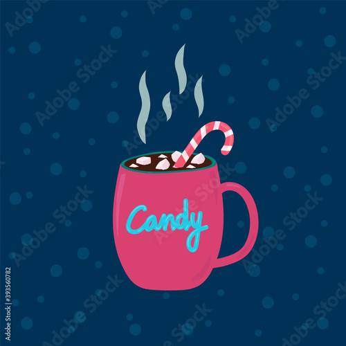 Marshmallow with Candy in a Cup of chocolate. White and Pink Christmas candy Lollipop cane. A handful of marshmallows in a mug of hot dark cocoa. Cartoon inscription on the Candy mug. Beautiful warm