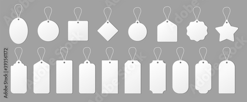 Price tag mockup set. Blank gift box tags or sale shopping labels with rope. Vector white luggage badge template