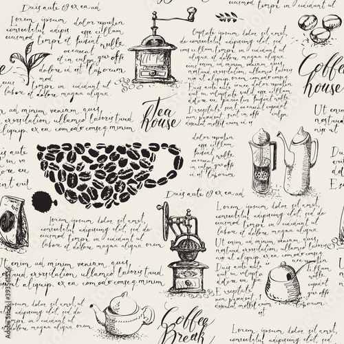 Seamless pattern on tea and coffee theme with drawings, blobs and handwritten lorem ipsum text in vintage style. Suitable for vector wallpaper, wrapping paper, background or fabric