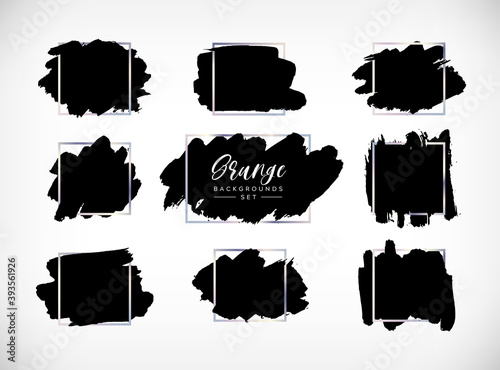 Grunge vector backgrounds set. Hand drawn brush spots with silver frames. Ink brush strokes, black paint spot textured design element, background for text with chrome steel square border.