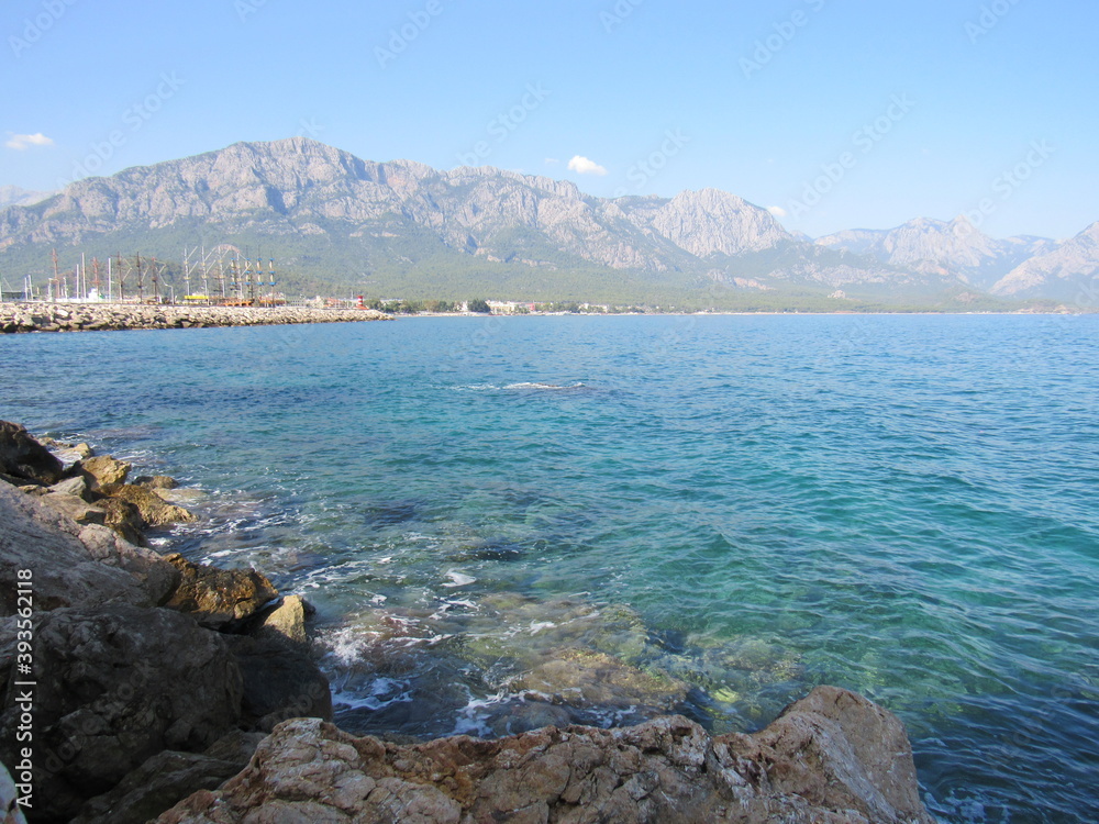 Turkish Mediterranean seaside landscape with mountains.