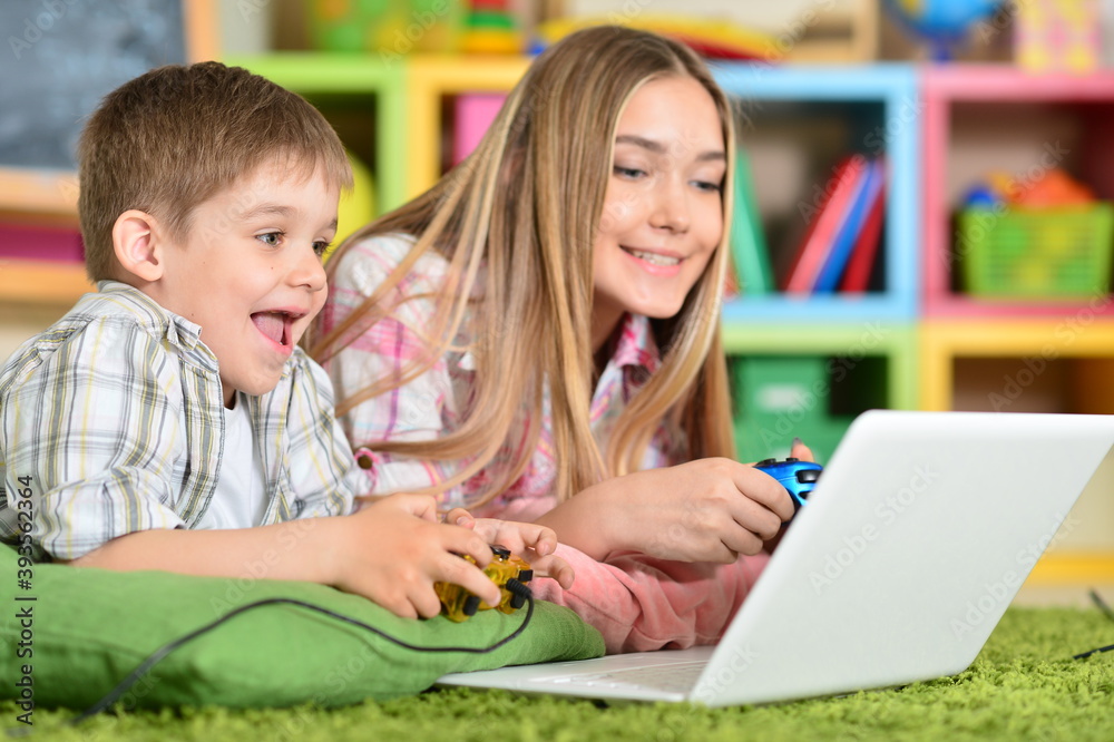 Portrait of brother and sister playing computer