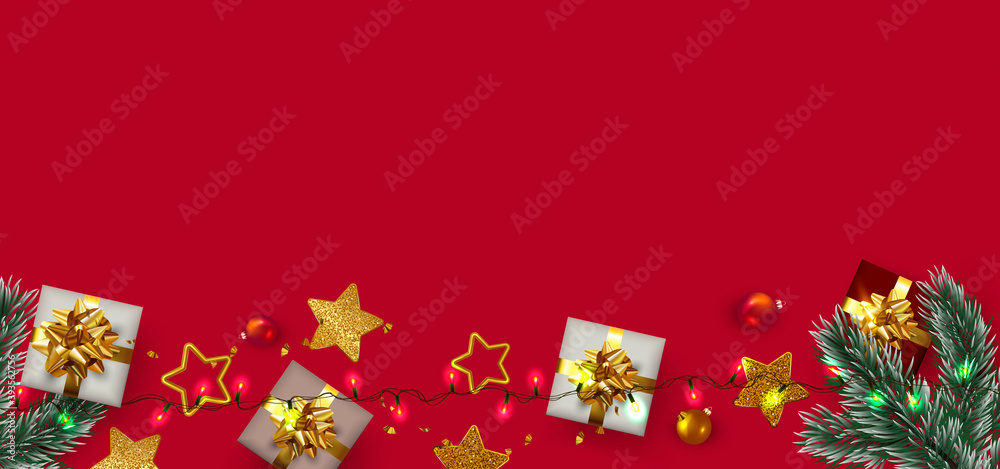 Christmas Background with gift boxes and Christmas decoration. Copy space