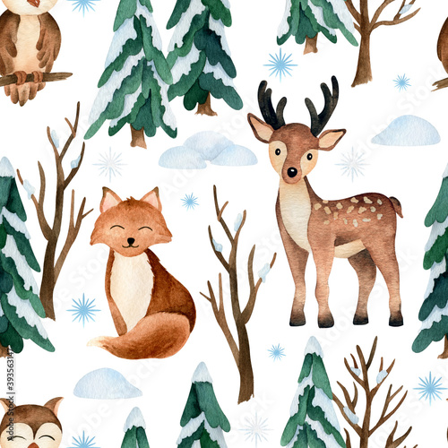 Seamless pattern with watercolor animals in winter forrest 