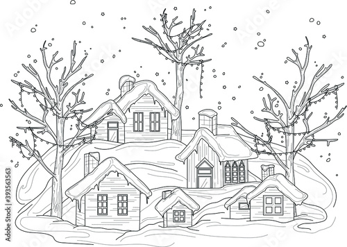 Cartoon Christmas village in snow with decorated trees sketch template. Winter vector illustration of house at night in black and white for game, background, pattern, decor. Coloring paper, page, book