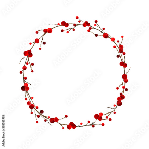 Watercolor Christmas decoration wreath with holly berry branches