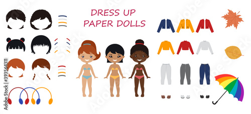 1427_Dress up paper dolls. Set of cute chibi girls characters. Flat cartoon style