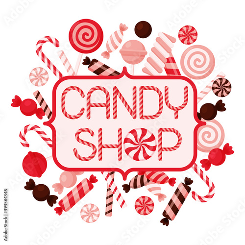 Candy Shop template set of different colors of candy, sweets, lollipops, candy with spiral, caramel. Background, poster, banner, isolated, flat style