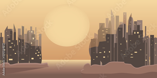 Multifaceted silhouette of two megacities in the rays of the rising or setting sun.