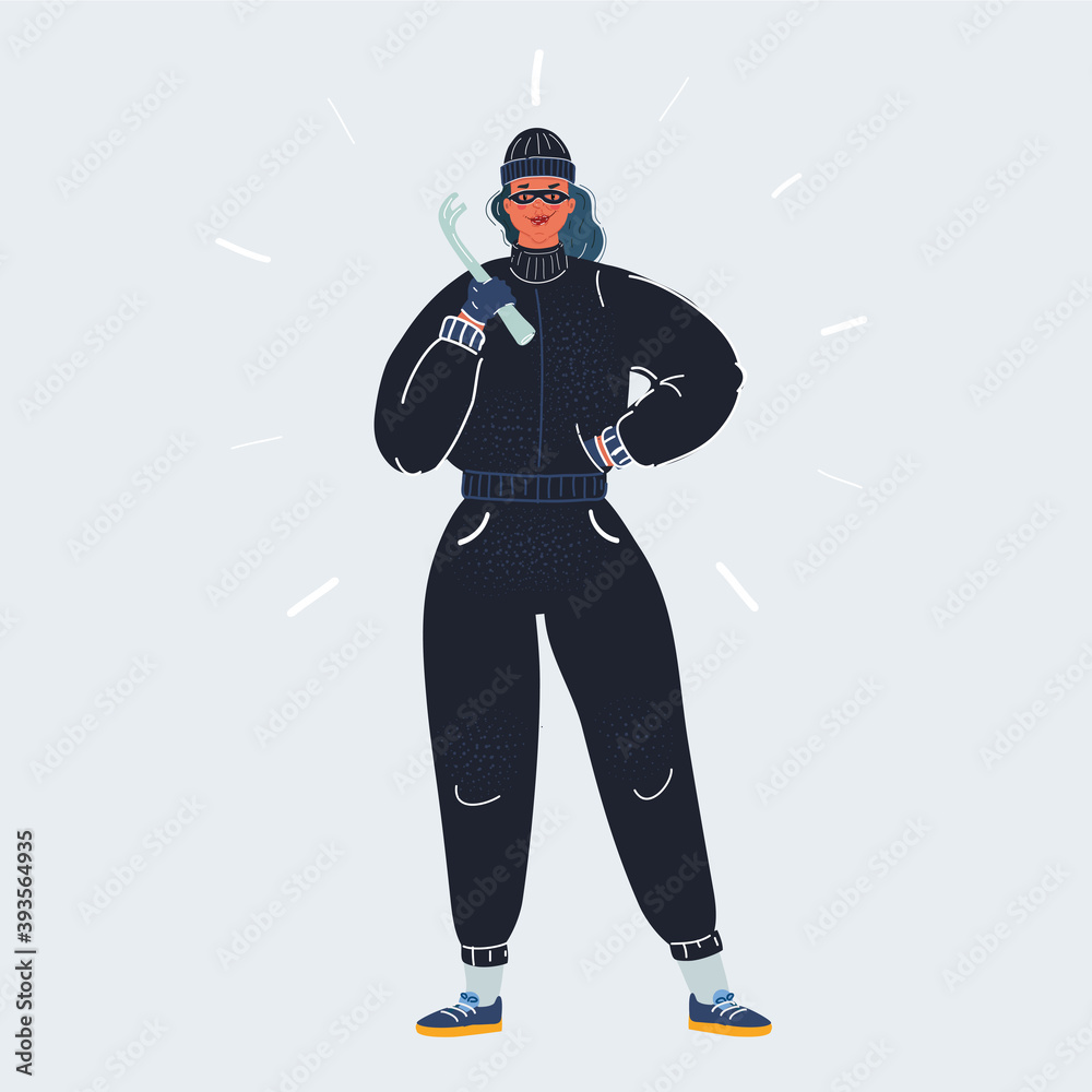 Vector illustration of Masked female burglar with crowbar on white background. Vector illustration of Masked female burglar with crowbar on white background.