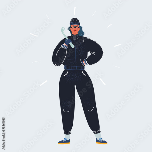 Vector illustration of Masked female burglar with crowbar on white background.