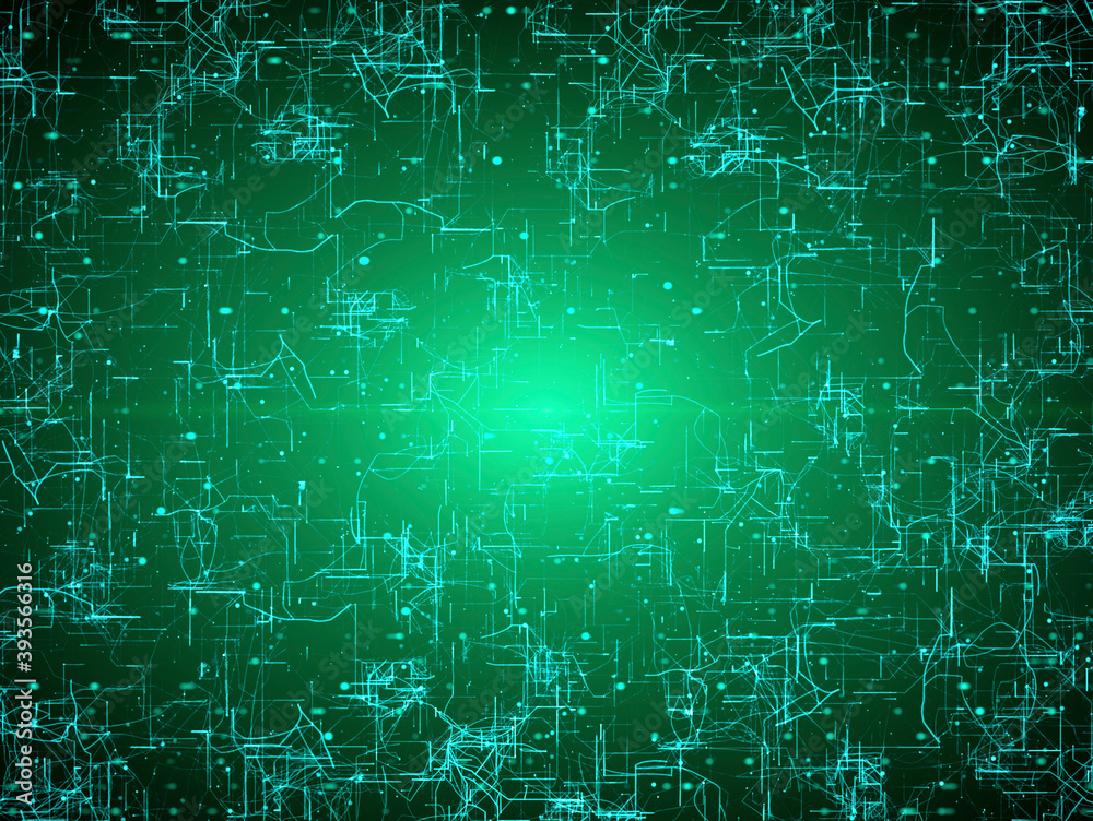 Fototapeta premium Digital connectivity, artificial intelligence and data storage concept. Emerging connections, conductors and neural signals on glowing green background