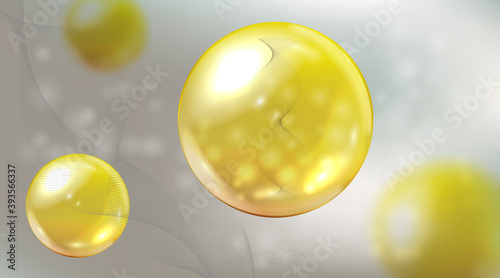 Oil drop essence. Gold shining pill with DNA helix. Coenzyme Q10 drop.