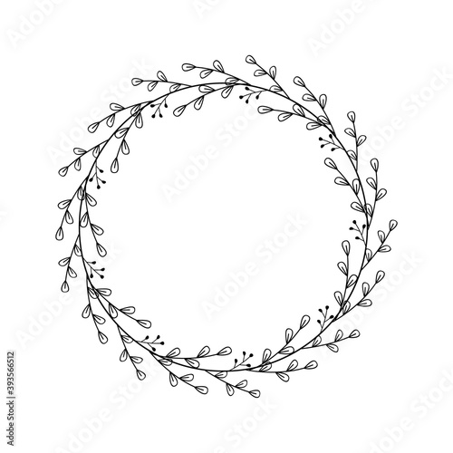 Round frame made of branches, leaves, berries. Beautiful wreath, linear drawing. Floral border with place for text. Design template for holiday invitation, logo, home decoration. Vector illustration
