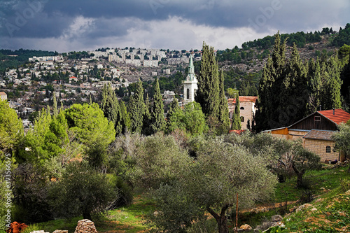 View of Gornensky Orthodox monastery and suburbs of Jerusalem, Ein Kerem, Israel photo