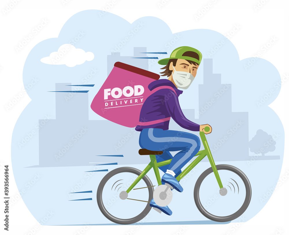 bike courier with protective mask delivering food, Online delivery service concept bike courier with protective mask delivering food, Online delivery service concept