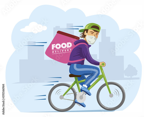 bike courier with protective mask delivering food, Online delivery service concept 