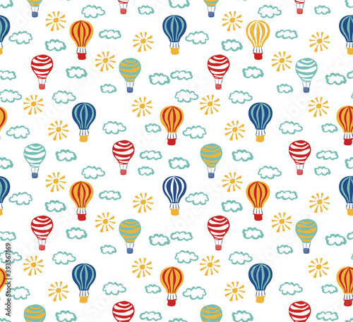 Hot air balloons aerostats in the sky among the clouds. Vector seamless pattern for the design of children's products. Background for boys and girls. Hand drawn charlier