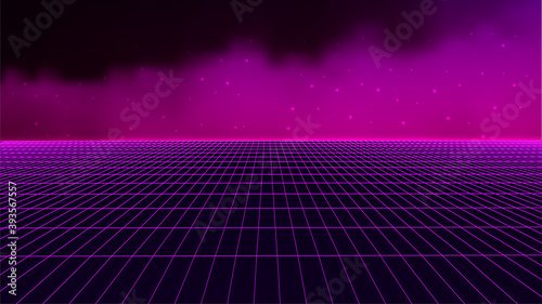 Abstract wireframe landscape 1980s style. Retro futuristic vector grid. Technology neon background.