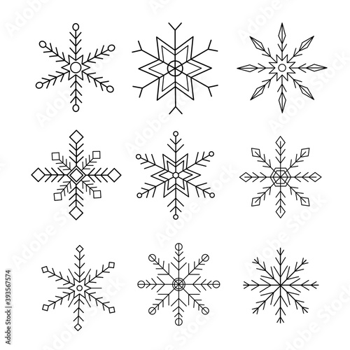 Set of snowflake icons on white background. Christmas decoration elements. Vector snow silhouette.