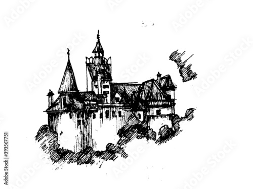 Dracula vampire dark Bran Castle on the hill vector hand drawn black and white illustration 