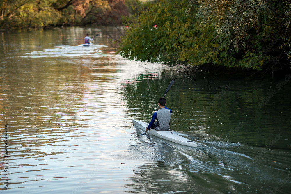 Russia. Krasnodar region. City Of Krasnodar. November 3, 2020. Kayak training. The center of sports preparation on rowing on kayaks and a canoe. Staraya Kuban Lake. Russia. Krasnodar region. City Of Krasnodar. November 3, 2020. Kayak training. The center of sports preparation on rowing on kayaks and a canoe. Staraya Kuban Lake.