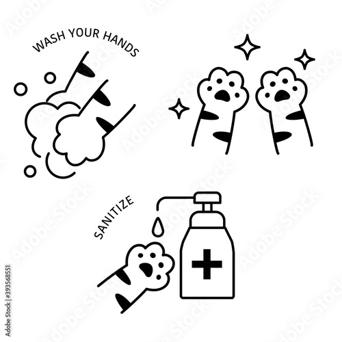 Vector washing hands and sanitize illustration set for kids, Cute cat washing paws