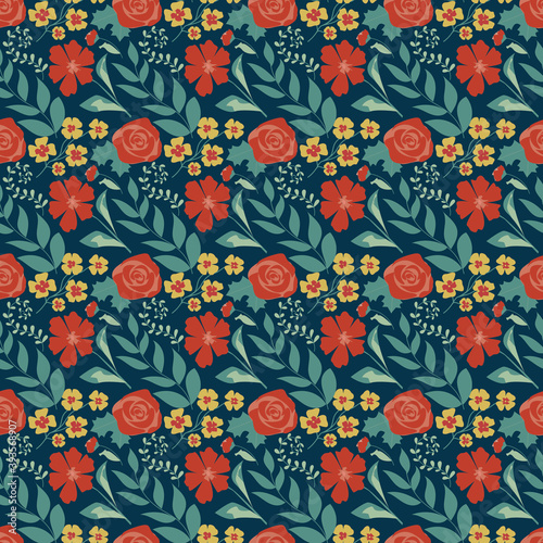 Seamless botanical ornament with red and small yellow flowers and leaves on a blue background. Pattern for fabric, home textiles, invitations, wrapping paper, cards and other materials.