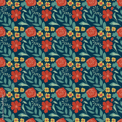 Wallpaper Mural Seamless botanical ornament with red and small yellow flowers and leaves on a blue background. Pattern for fabric, home textiles, invitations, wrapping paper, cards and other materials. Torontodigital.ca