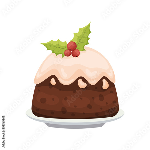 Cartoon traditional Christmas pudding with holly. Vector illustration