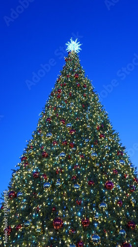 christmas tree with garlands of glowing and decorations, blue sky