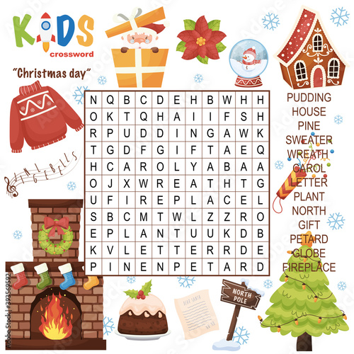 Easy word search crossword puzzle "Christmas day", for children in elementary, primary and middle school. Fun way to practice language comprehension and expand vocabulary. Includes answers.